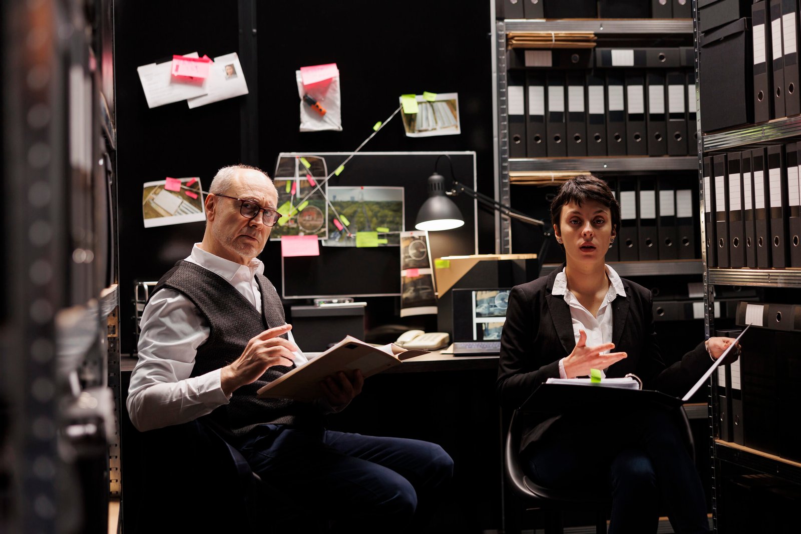 Investigators discussing crime scene evidence with remote team during online videocall meeting conference in arhive room. Private detectives working overtime at criminal case, checking federal files