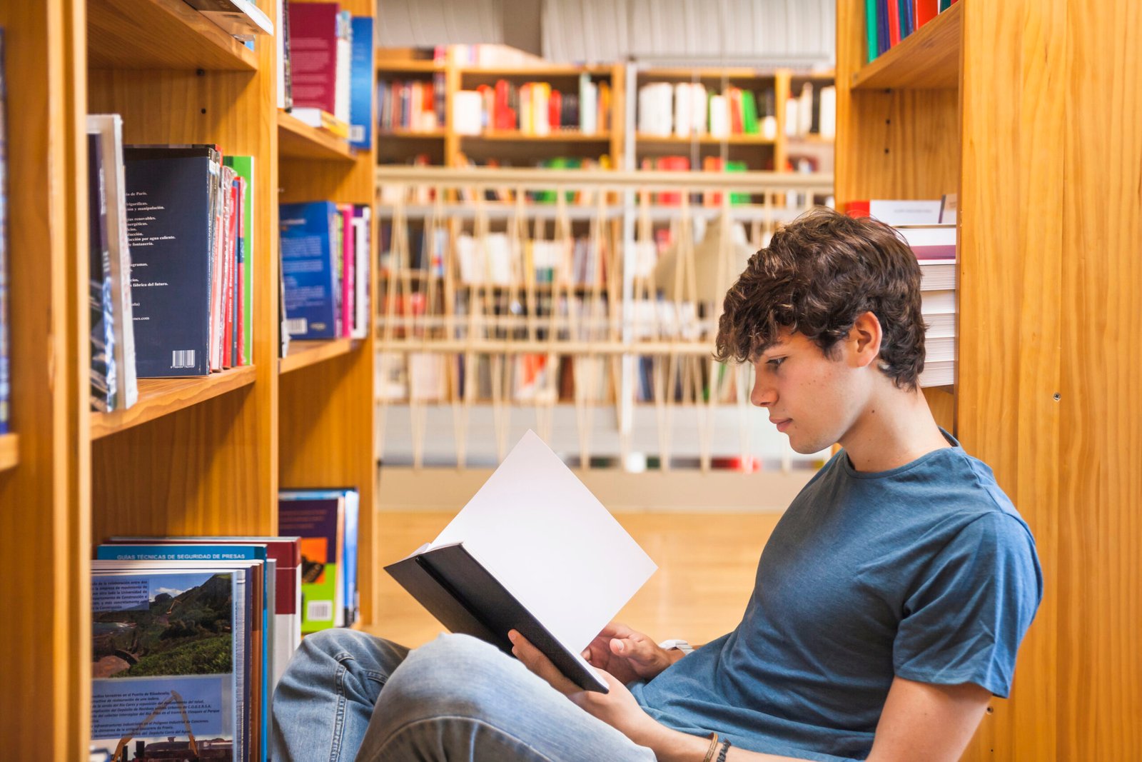 male-teenager-leaning-bookcase-reading